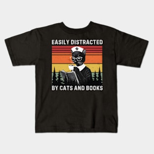 Easily Distracted By Cats And Books Cat Book Nurse Kids T-Shirt